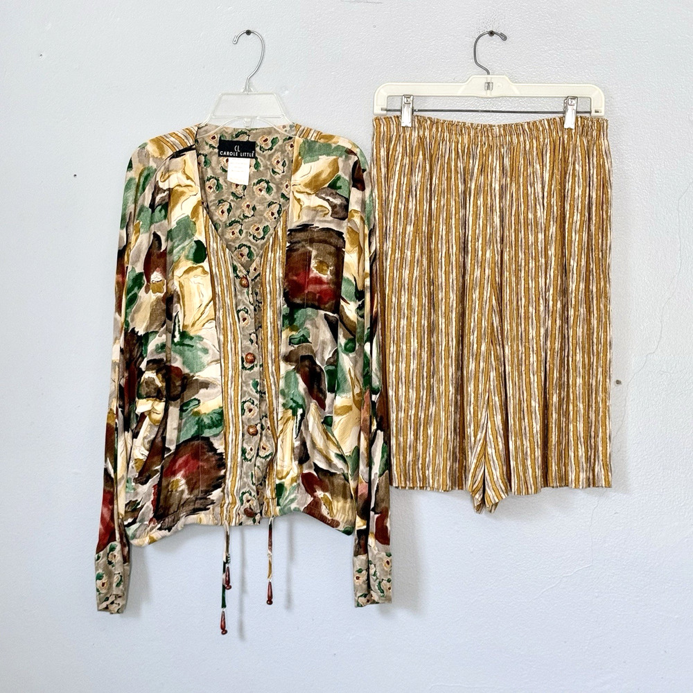 Carole Little Blouse Skirt Set Size 12/14 VINTAGE Gold Green Culottes Floral USA